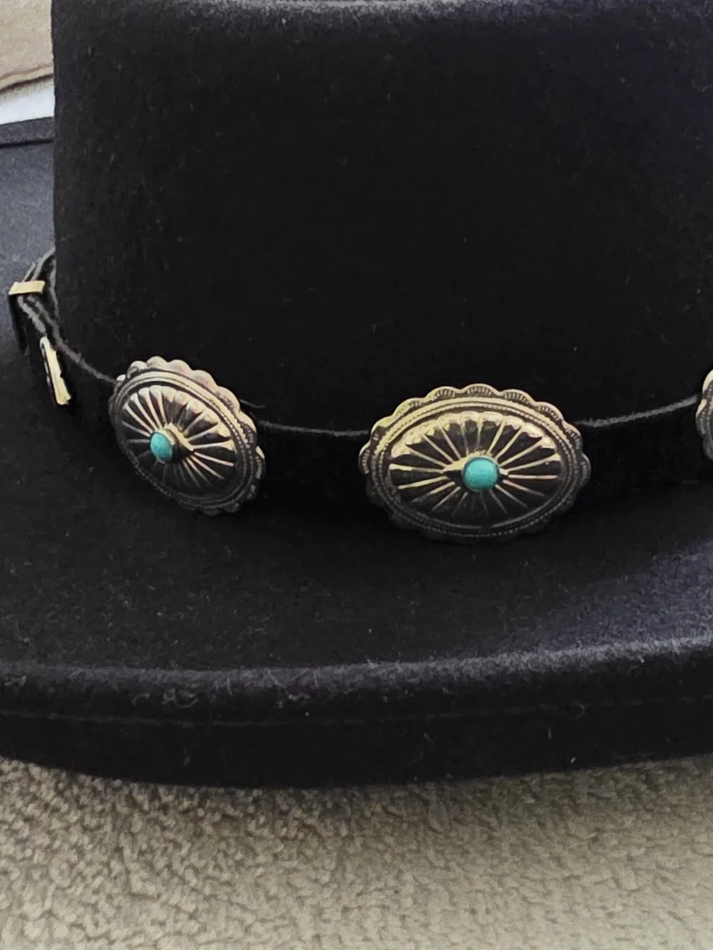 Fiesta, Black Felt Hat with Turquoise Accent Conchos Hat Belt